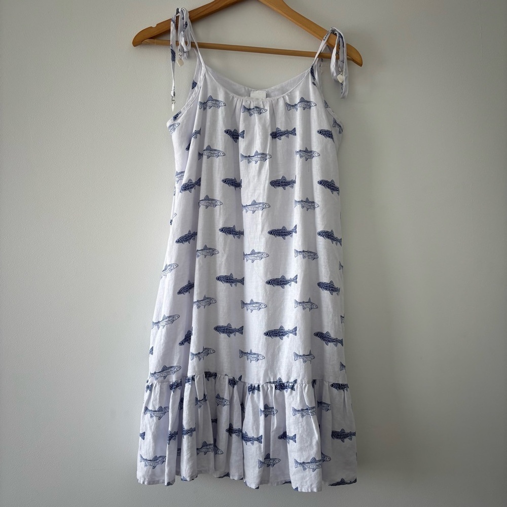 NWOT Cynthia Rowley Linen Blend Tie Strap Blue Fish  Print Flounce Dress XS - Picture 3 of 9